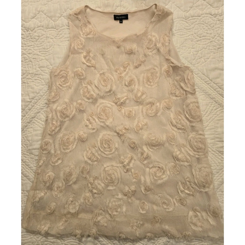 Panitti Womens M Sleeveless Blouse Tunic Beige Rosette Front Scoop Neck Lined